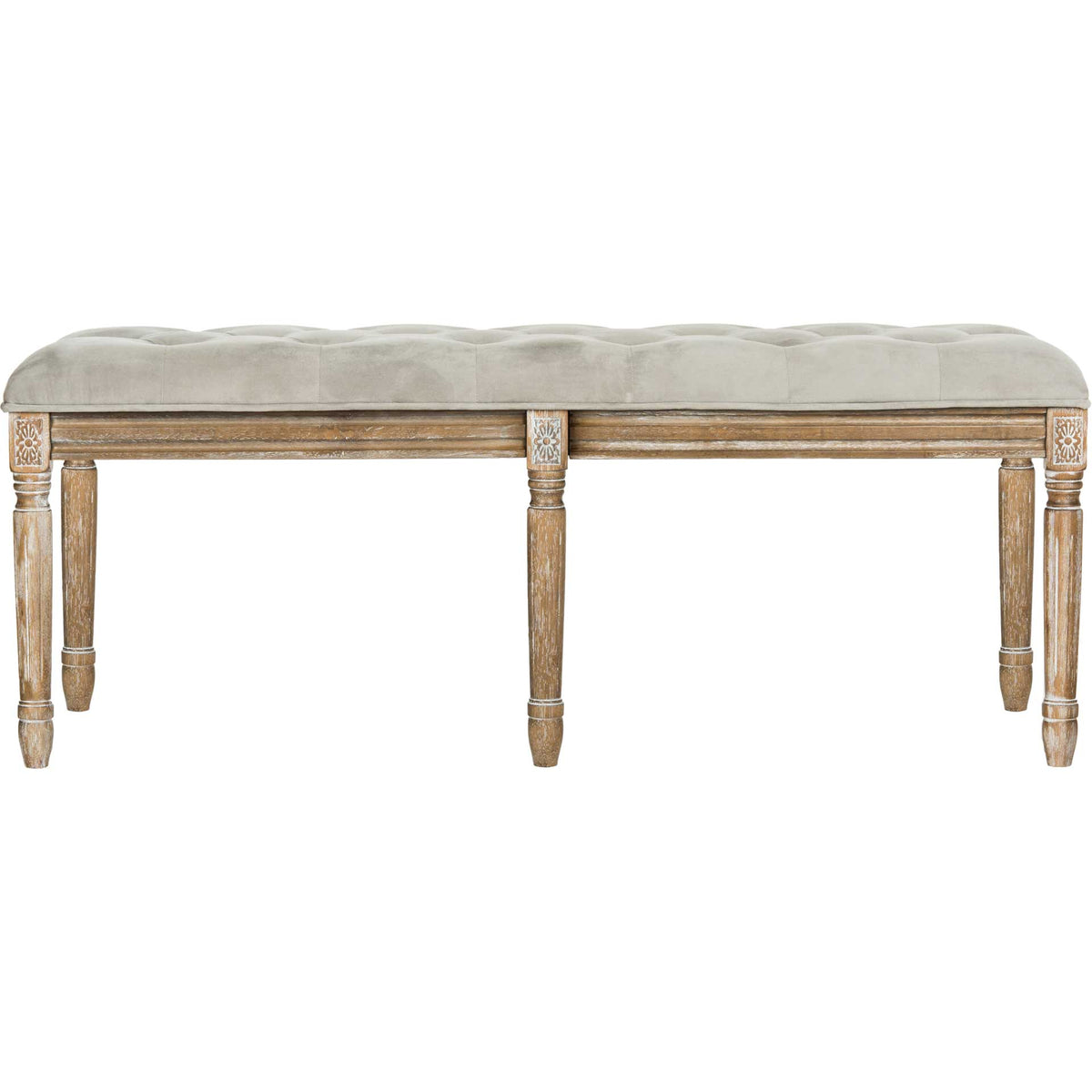 A gray tufted seat spans a weathered wood frame with floral corner carvings and tapered legs || FOX6231B || front_studio
