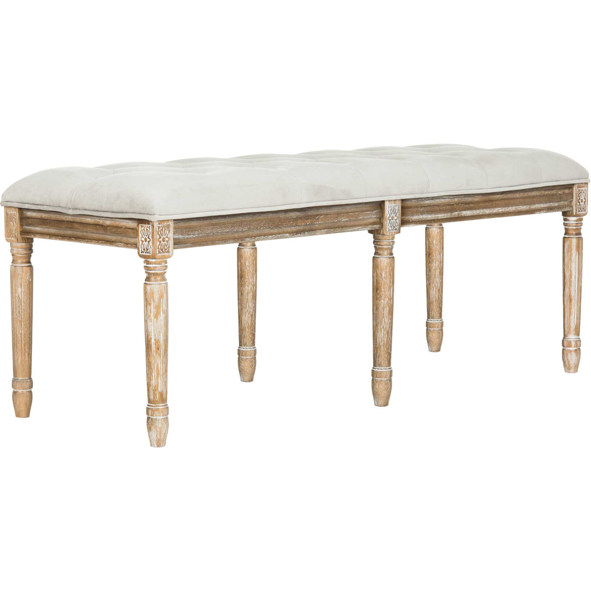 Plush gray velvet tops a rustic oak-finished bench frame with six turned legs || FOX6231B || front_angle_studio