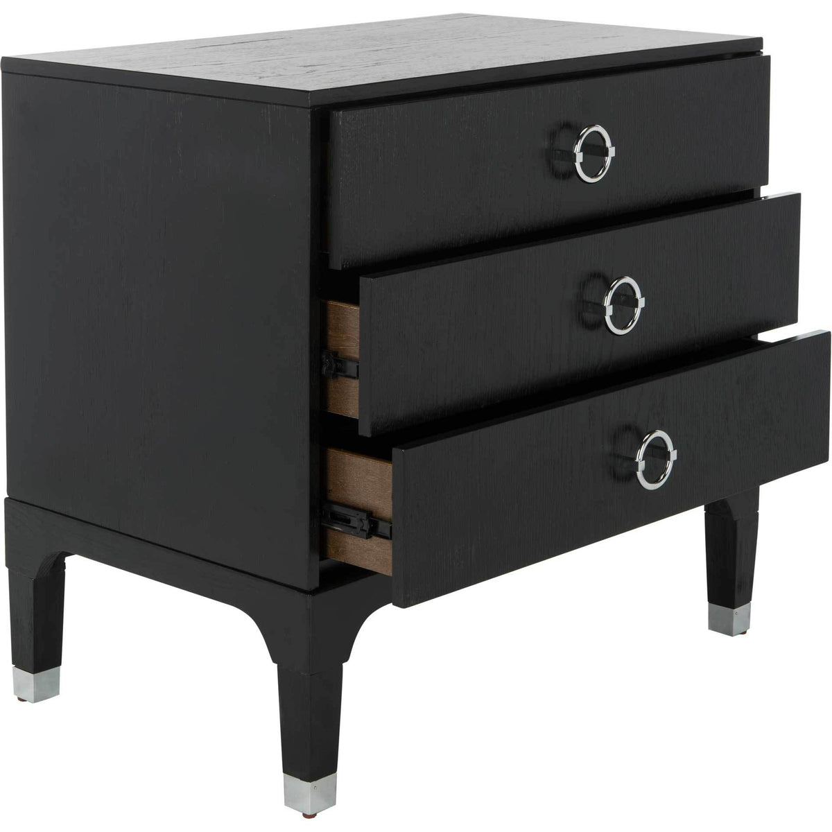 Three open drawers offer convenient storage in a black nightstand with silver ring pulls and tapered legs