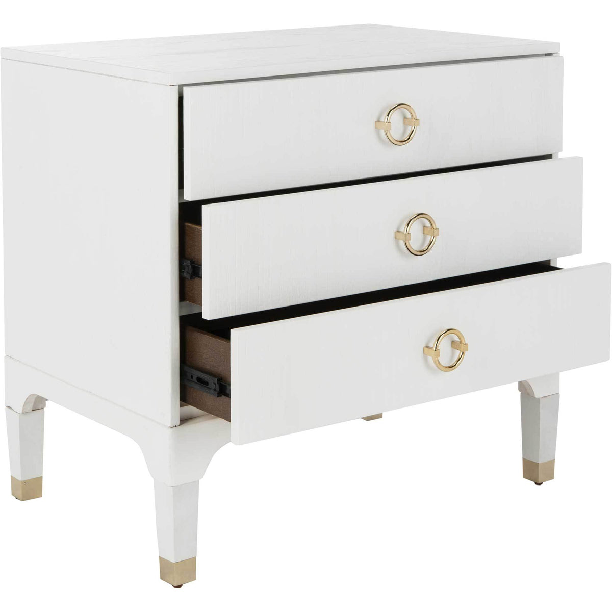 White nightstand with three open drawers, gold ring pulls, and room for bedside essentials