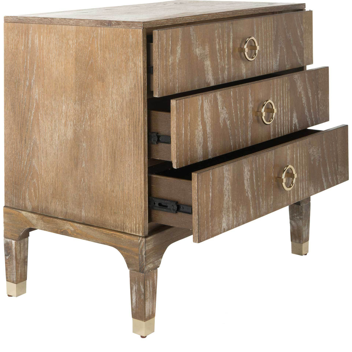 Three open drawers provide easy access to storage in this rustic oak-look nightstand with brass ring pulls