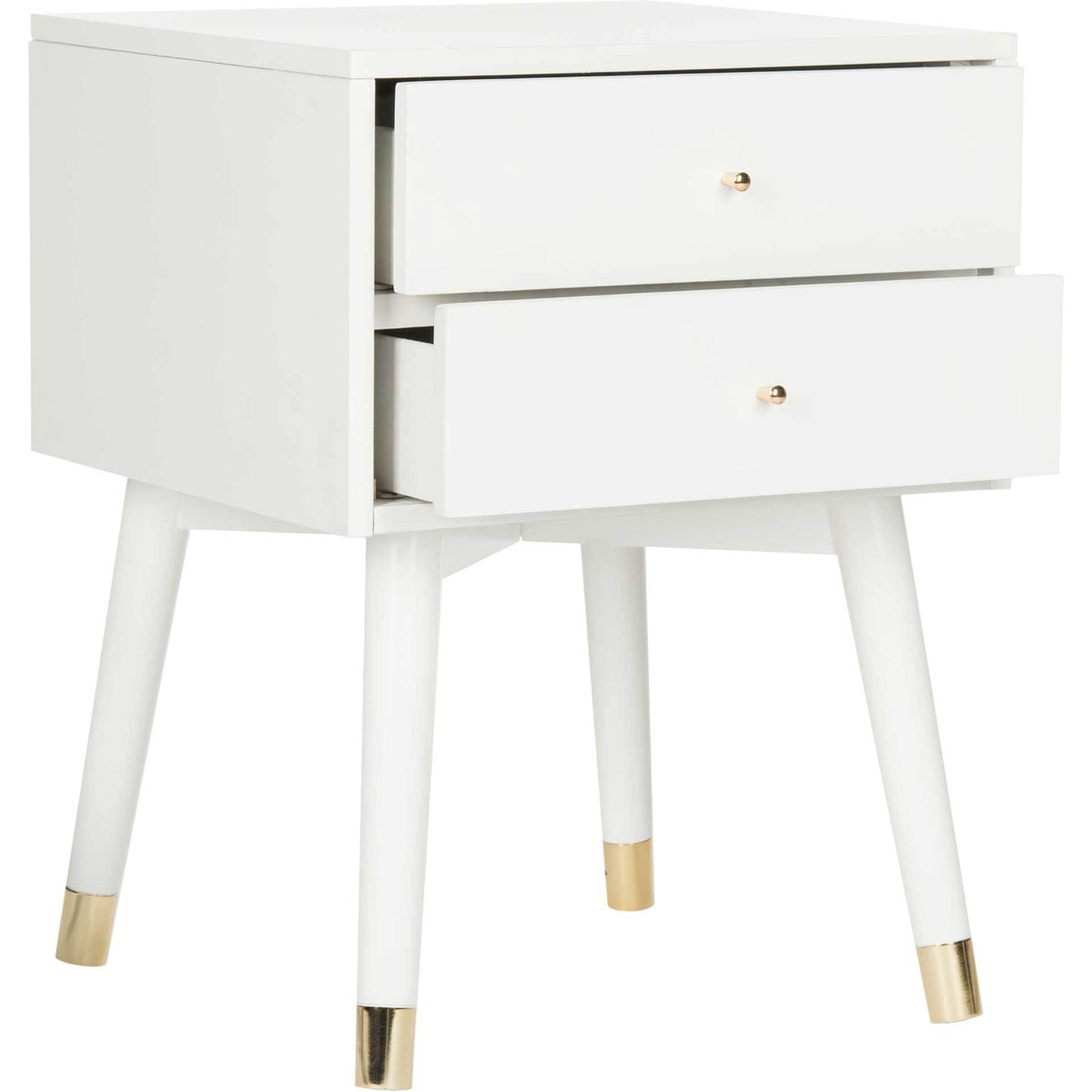 Two open drawers keep essentials close in a clean white cabinet with gold hardware