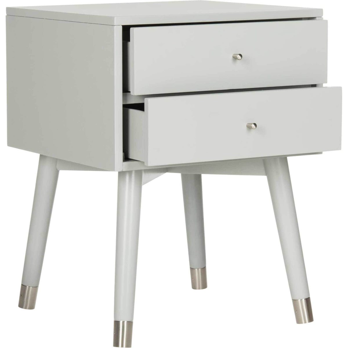 Two gray drawers slide outward beneath a clean, square-edged top