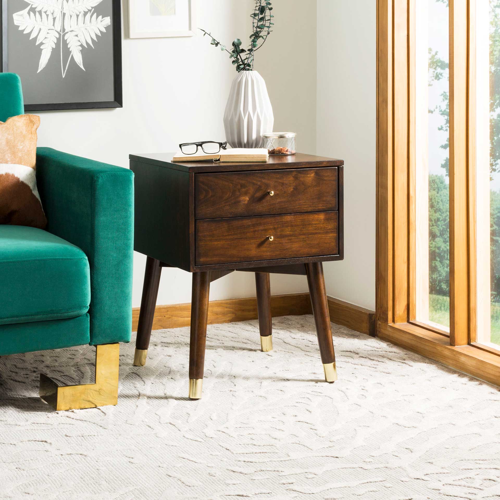 Lydia Silver Cap Nightstand Walnut/Gold
