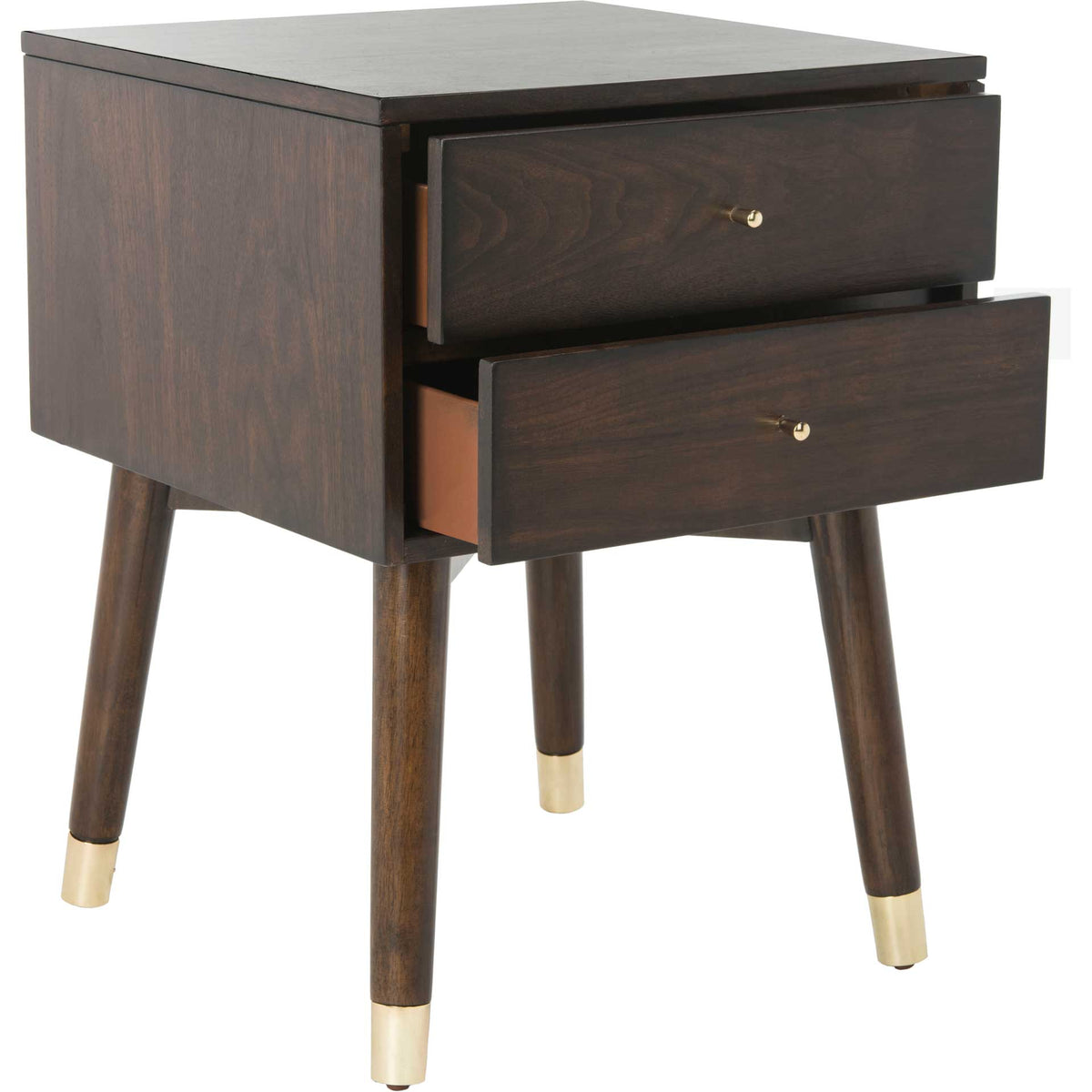 Two open drawers reveal convenient storage inside a walnut-finished nightstand