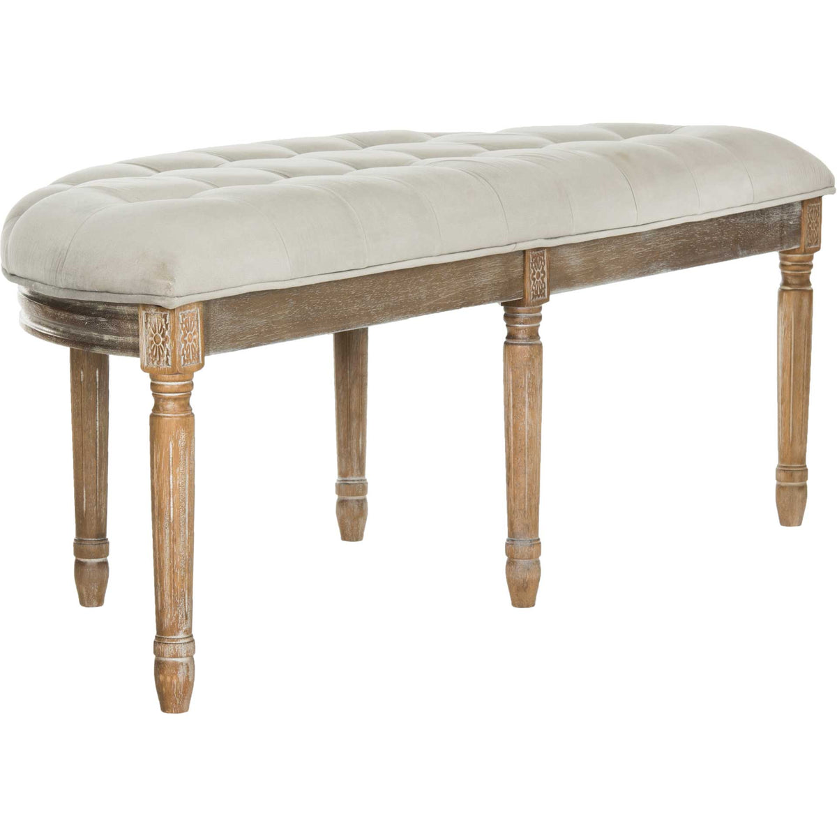 A softly padded gray seat rests on a straight rustic wood rail with carved leg accents
