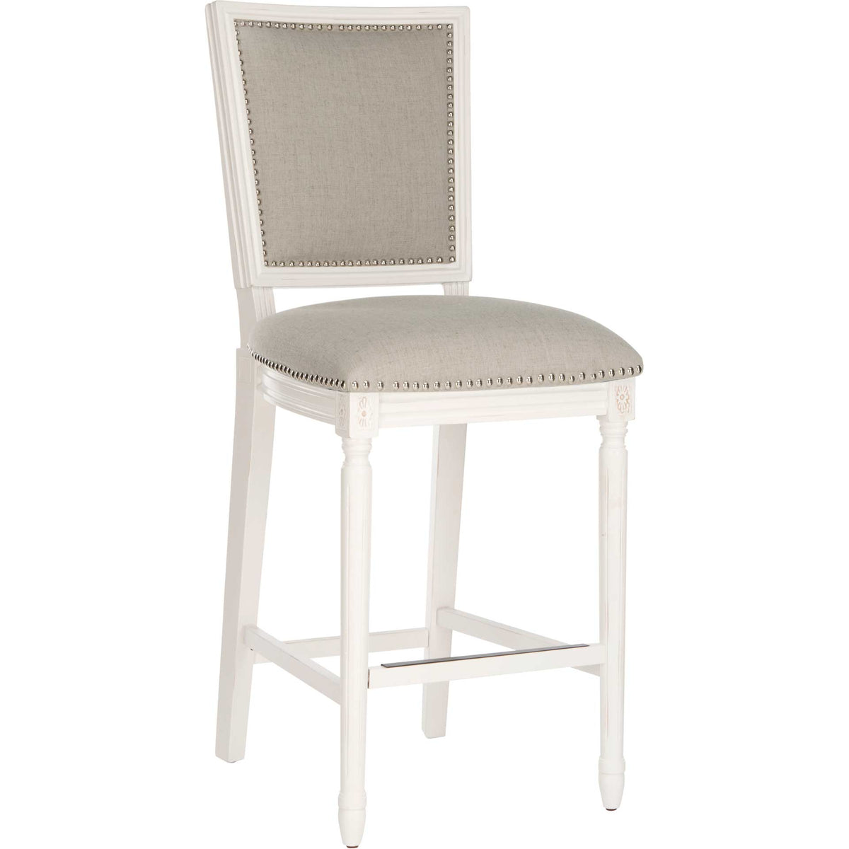 Light gray linen, silver nailhead trim, and turned white legs distinguish this bar stool. || FOX6246A-SET2 || front_angle_studio