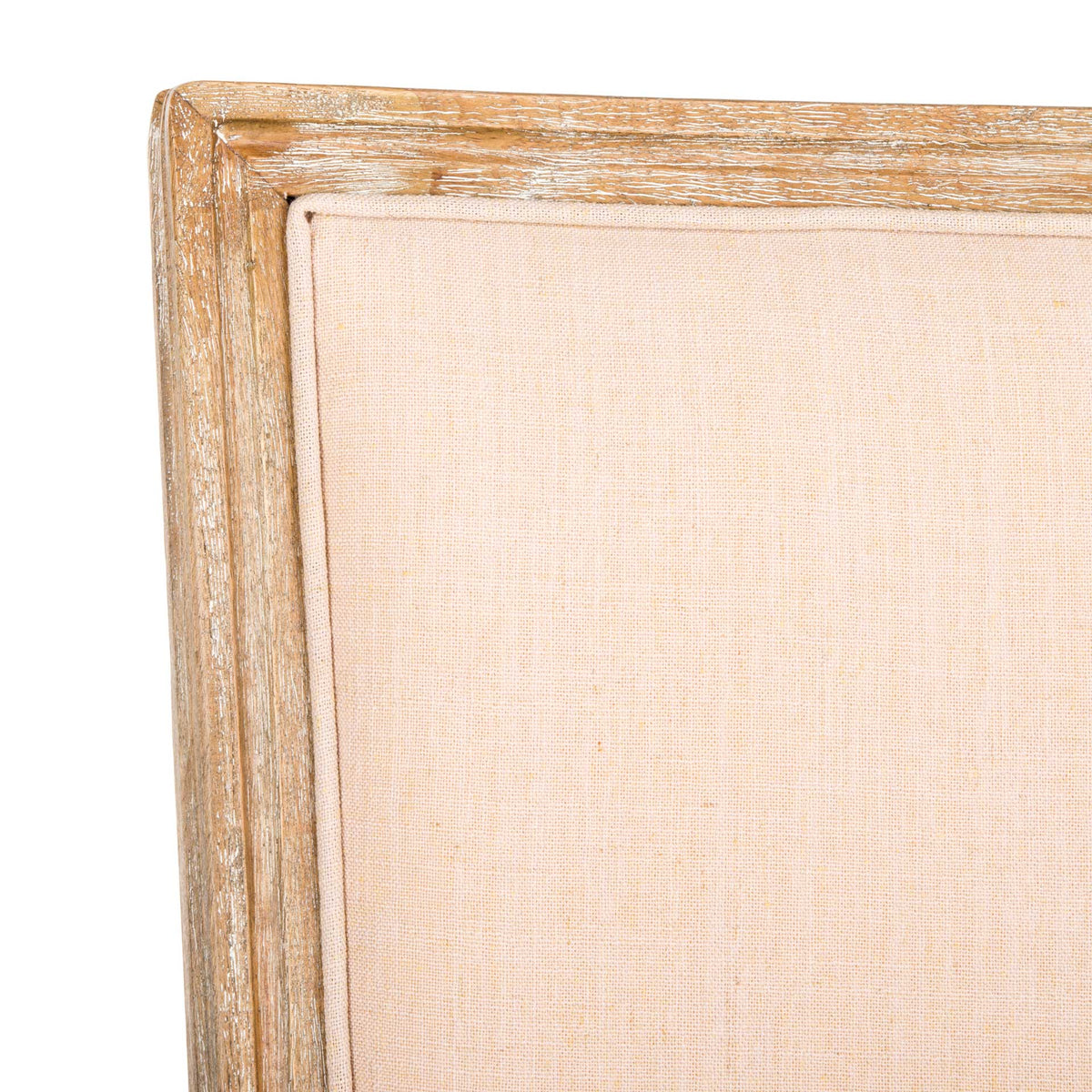 Natural beige linen nestles within a textured rustic oak backrest frame.