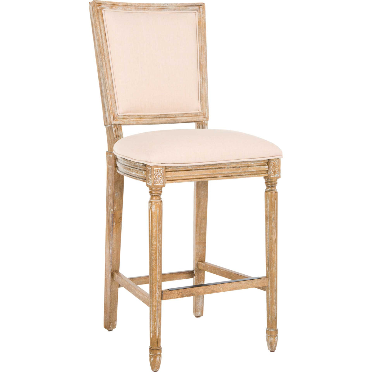 A tall bar stool pairs beige linen cushions with a carved rustic oak frame. || FOX6246B-SET2 || front_angle_studio