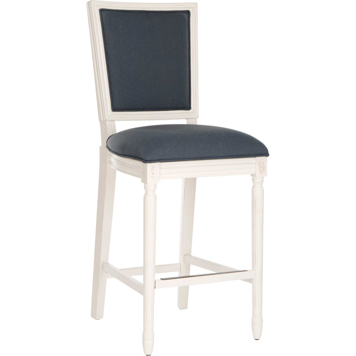A navy linen seat and tall rectangular back pair with carved distressed white wood. || FOX6246C-SET2 || front_angle_studio