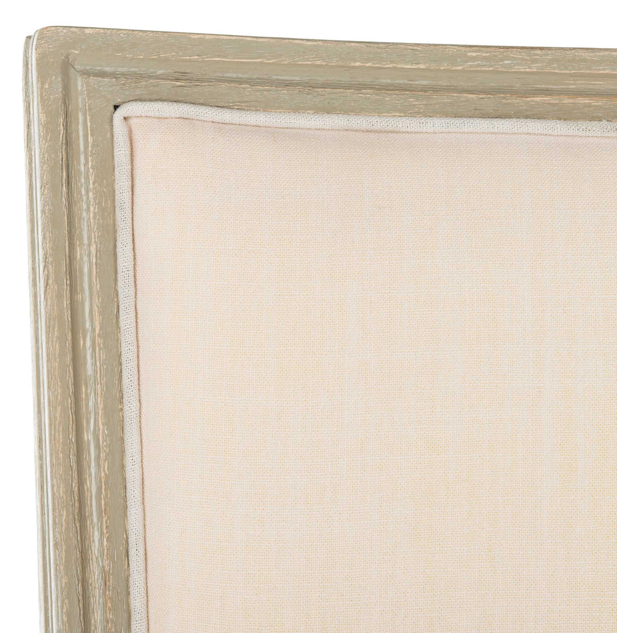 Smooth light beige linen is nestled within a softly weathered gray wood backrest frame.