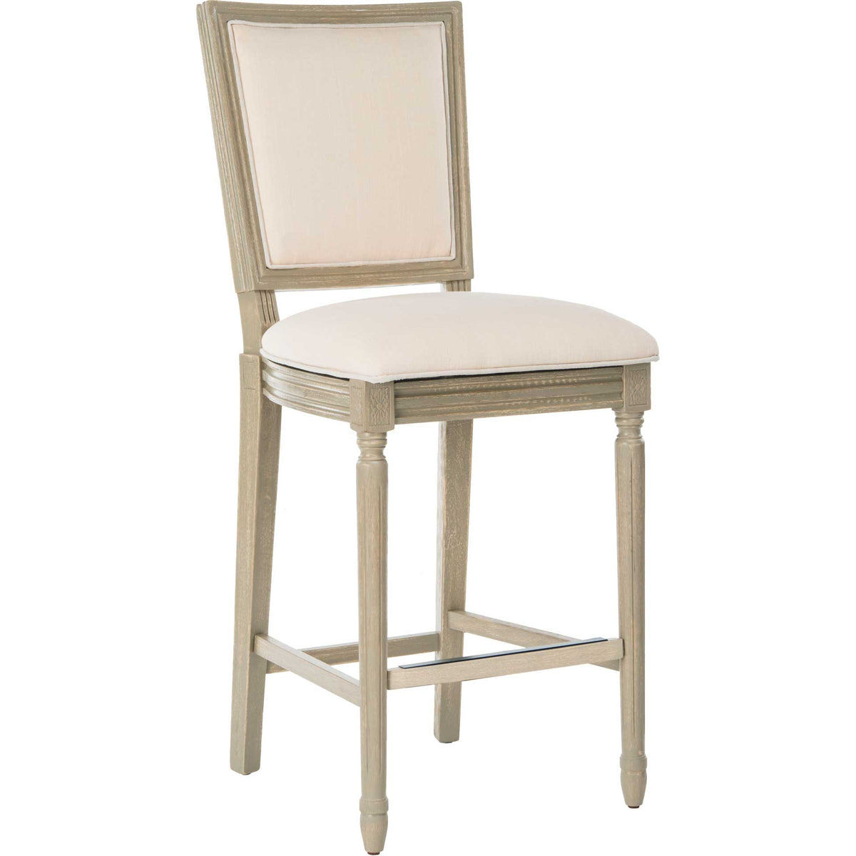 Light beige linen upholstery tops a tall bar stool with a rustic gray wood frame. || FOX6246D-SET2 || front_angle_studio