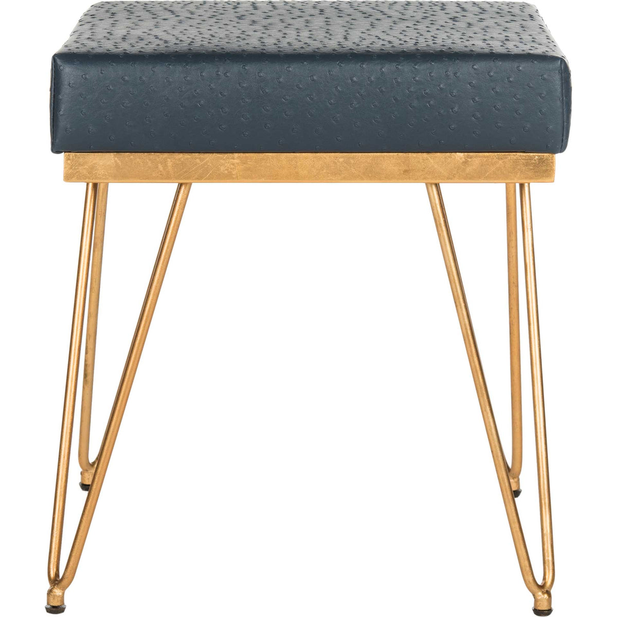Deep navy cushioned seat rests above a gold-tone frame and slim V-shaped legs || FOX6248B || front_studio