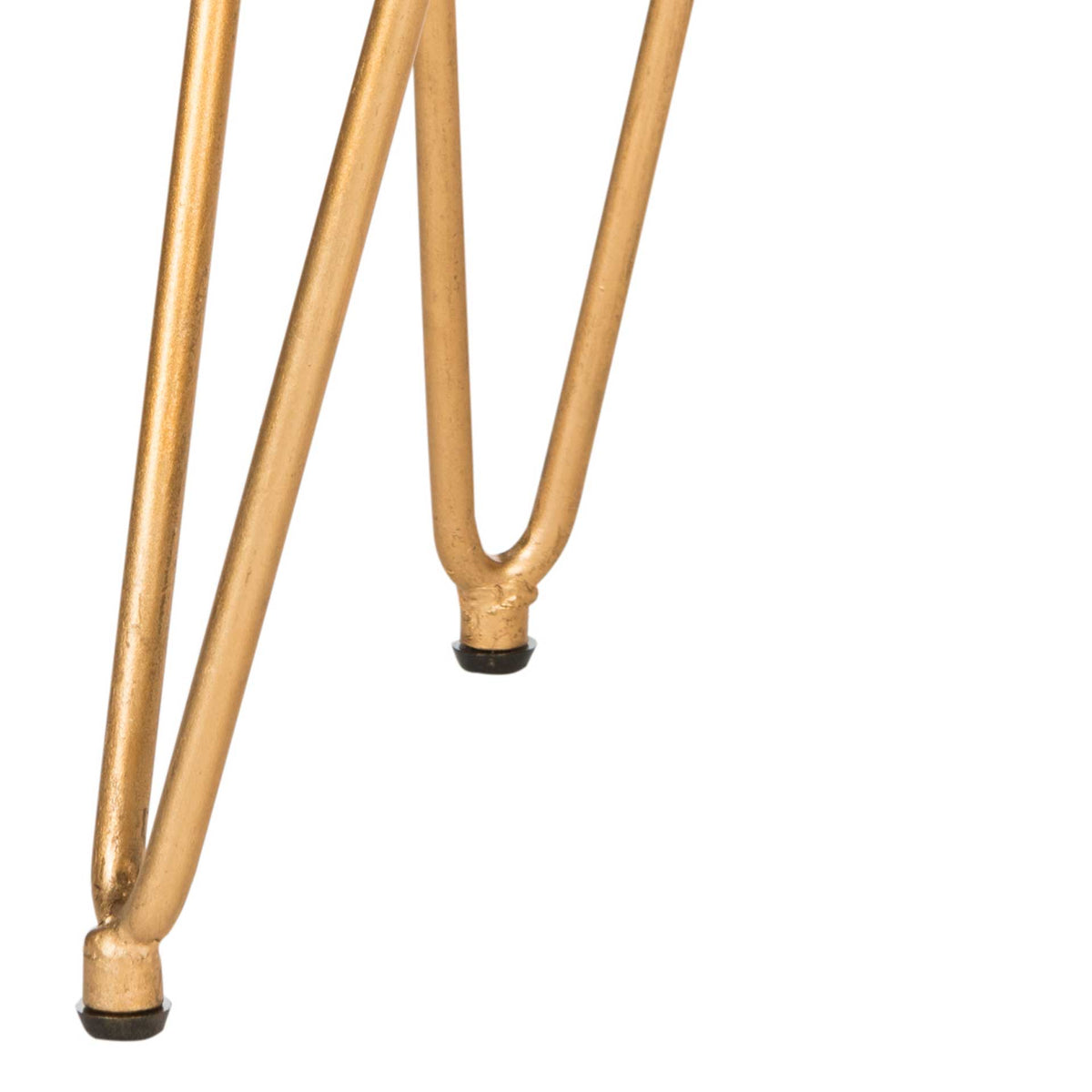 Slender gold-tone legs meet in sculptural V shapes and end in black foot caps