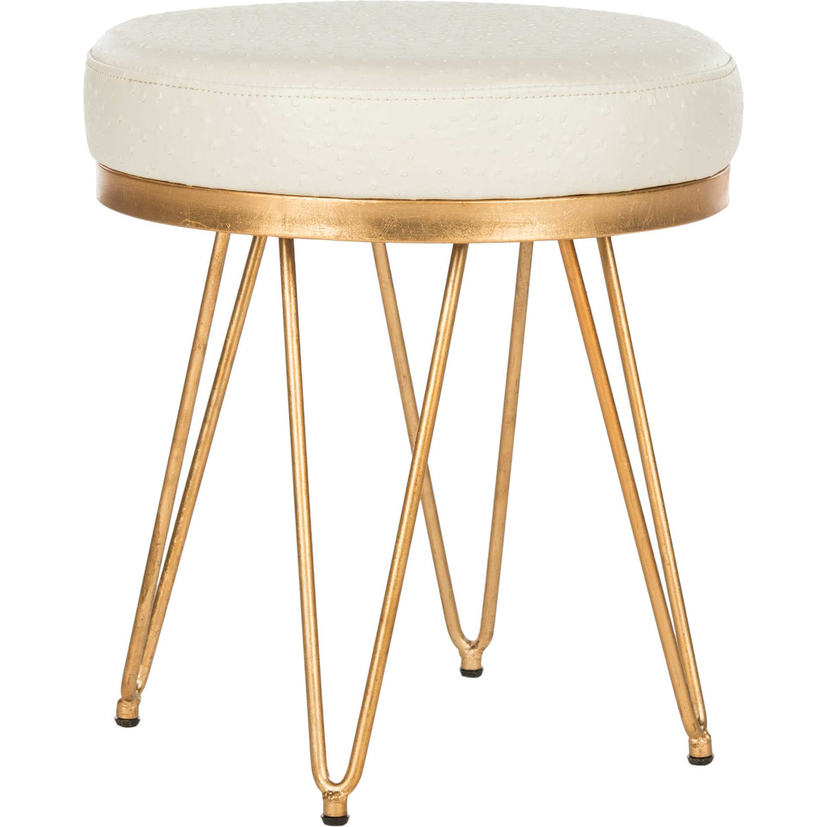 Cream round bench features a cushioned faux-ostrich seat and slender gold-tone legs || FOX6249A || side_studio