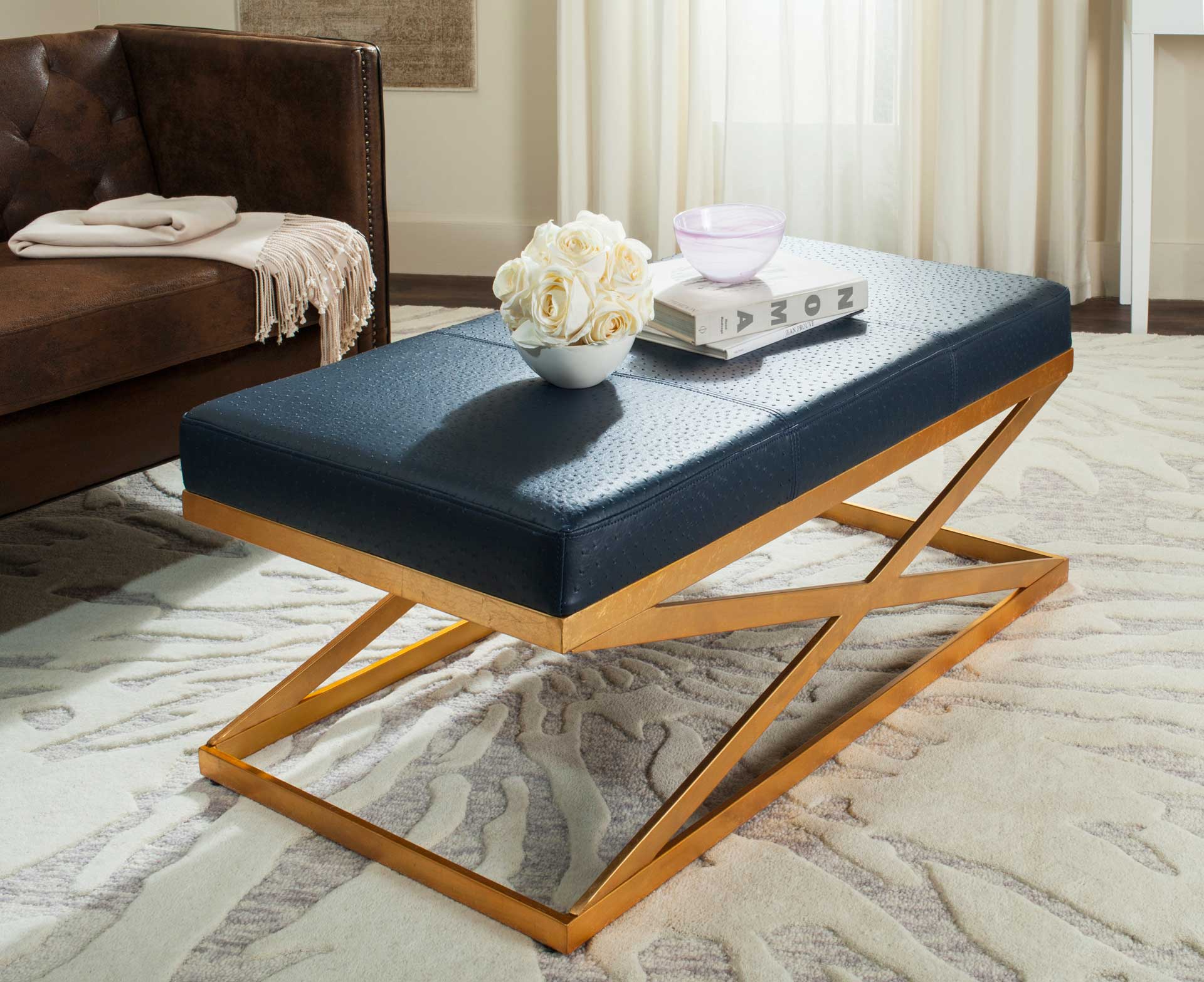 Alaric Faux Ostrich Bench Navy/Gold