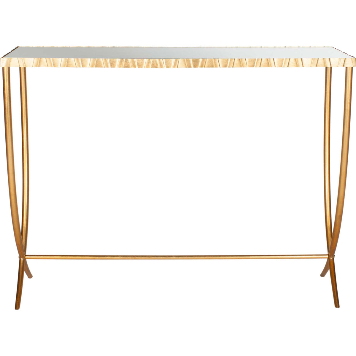 A slender gold console table features a reflective mirror top and gracefully curved legs. || FOX6256A || front_studio