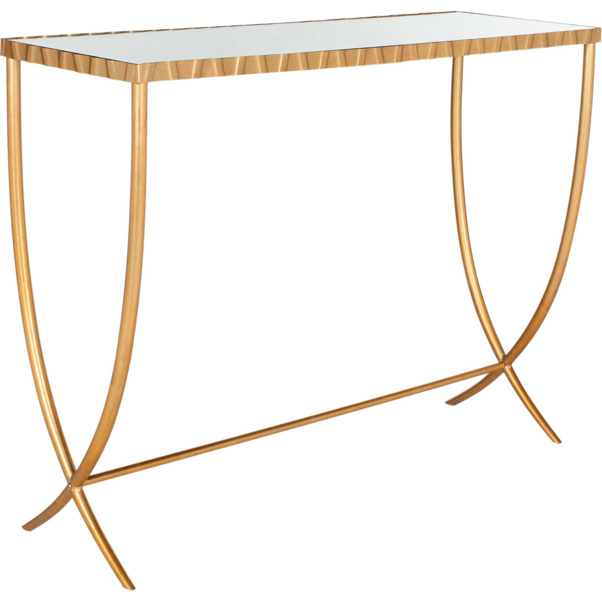 A mirrored console table pairs a textured gold edge with sweeping iron legs and a slim crossbar. || FOX6256A || front_angle_studio
