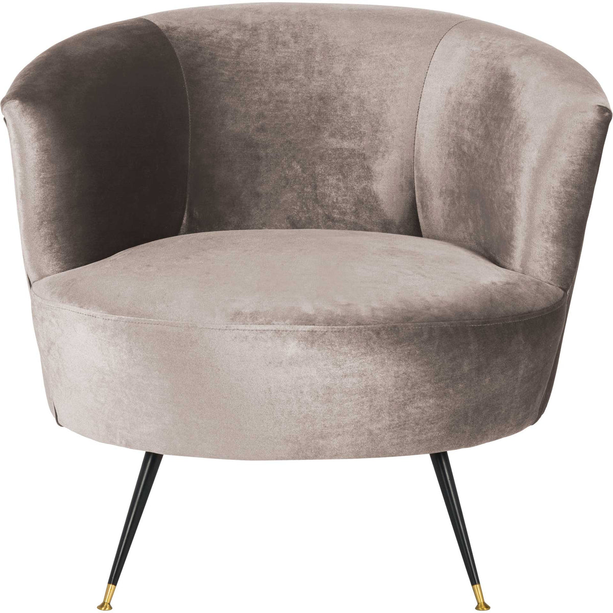 A plush barrel chair pairs a sweeping upholstered back with a deep cushioned seat and gold-tipped legs. || FOX6257A || front_studio