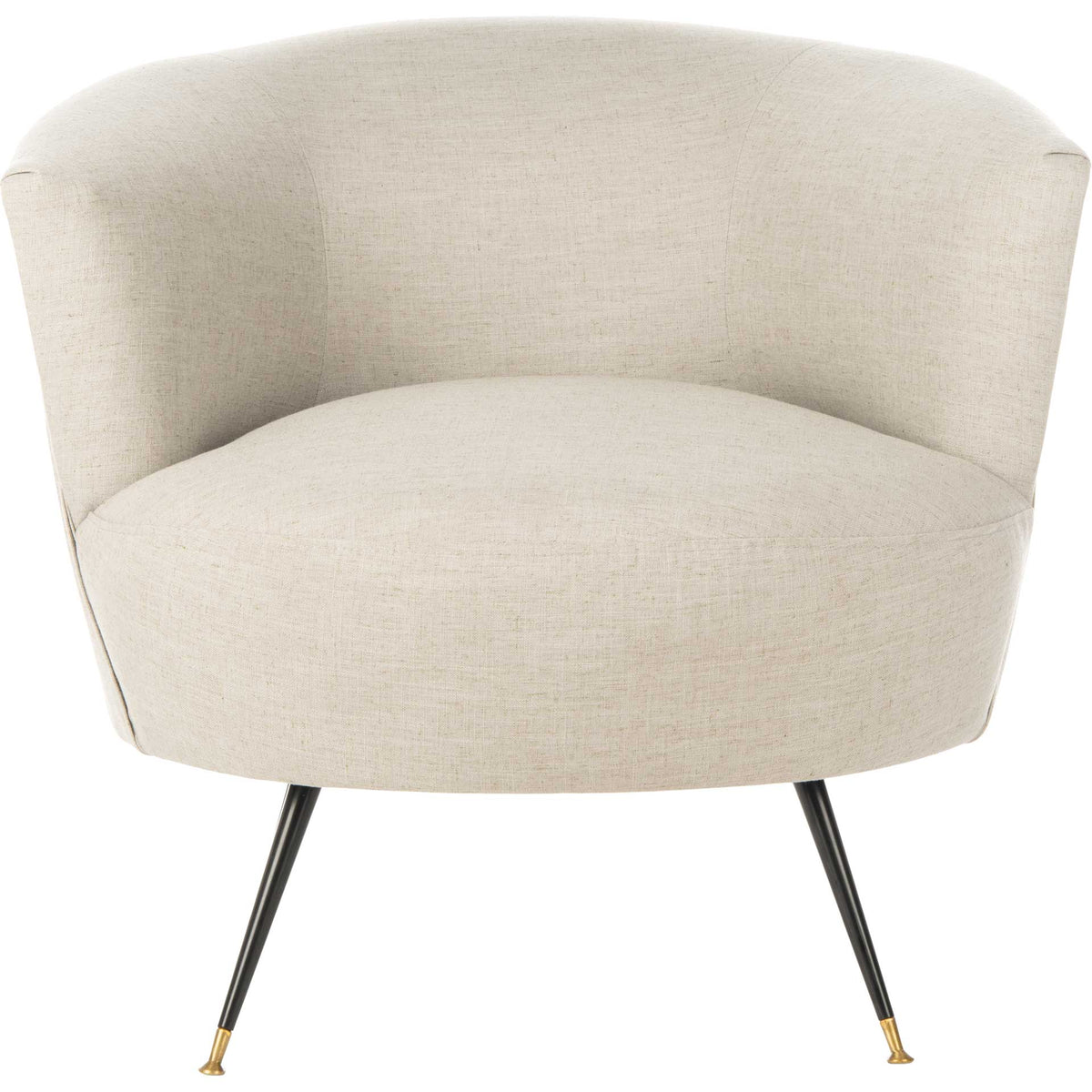 A cushioned seat sits within a wraparound light gray linen back above slim gold-tipped legs. || FOX6257C || front_studio