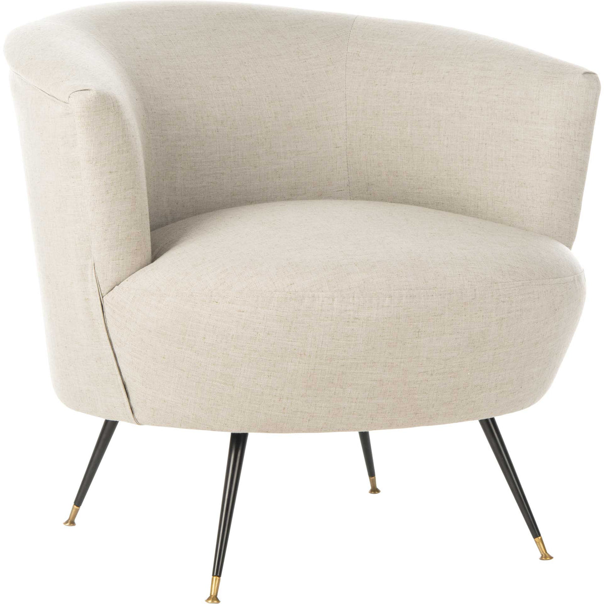 Light gray linen softens the curved back and broad rounded seat, set on black legs with gold-tipped feet. || FOX6257C || front_angle_studio