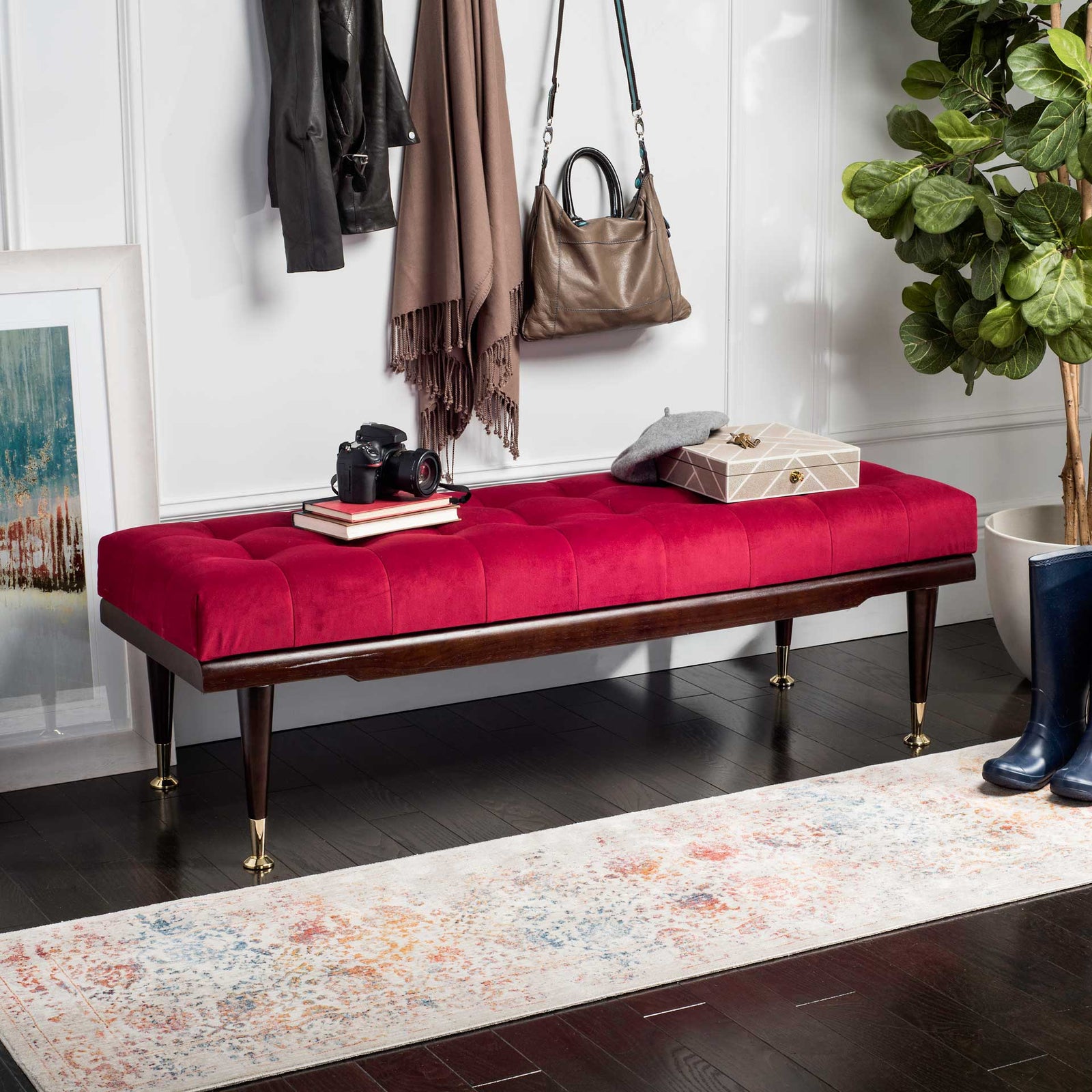 Eleanor Velvet Gold Cap Bench Maroon/Espresso