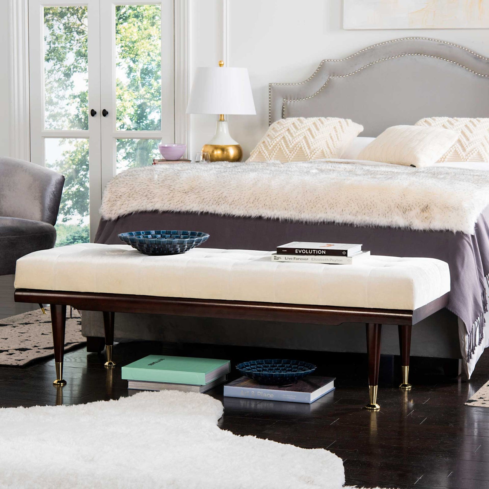 Eleanor Velvet Gold Cap Bench Beige/Espresso