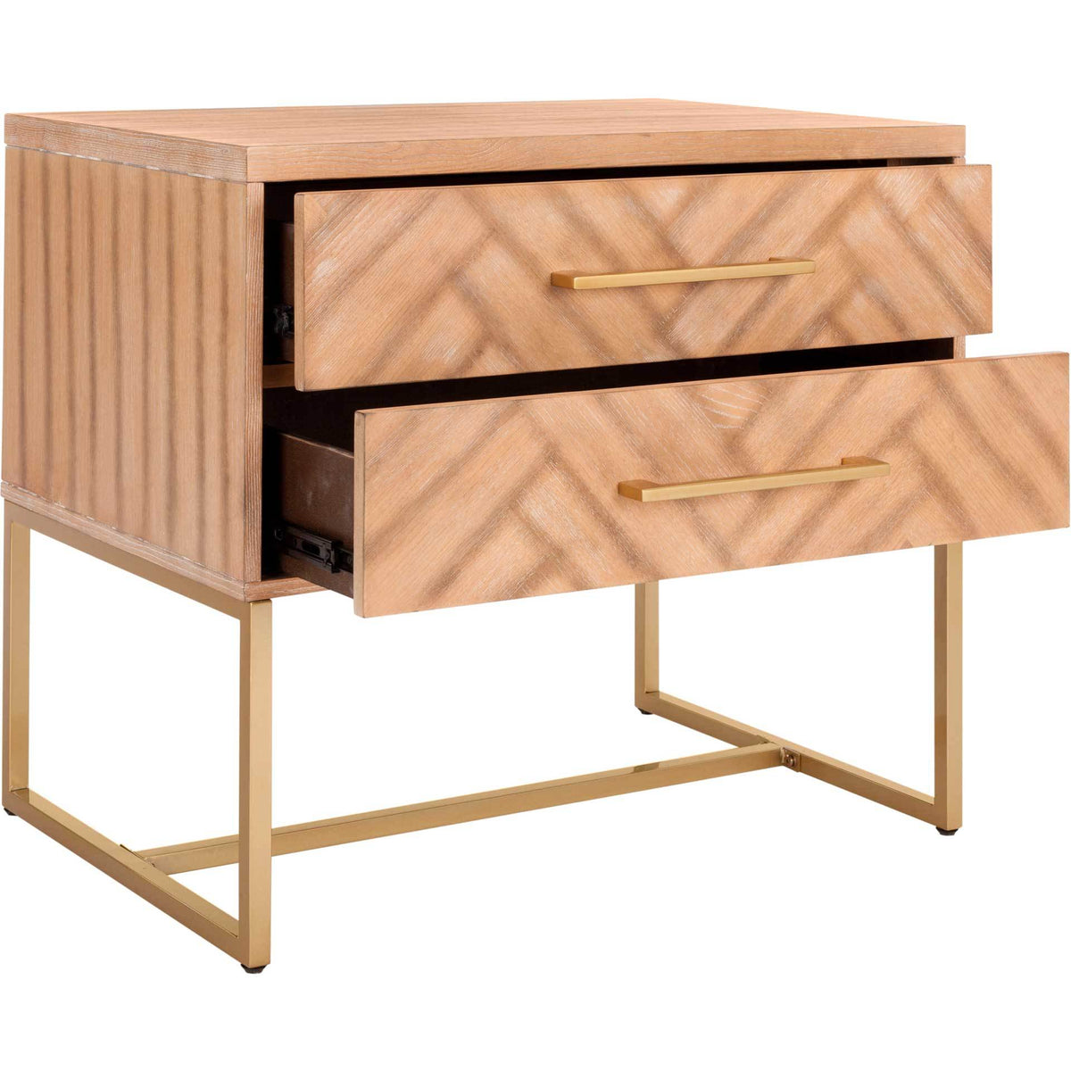Two open drawers reveal generous bedside storage beneath an oak-finish top with sleek brass-tone pulls.