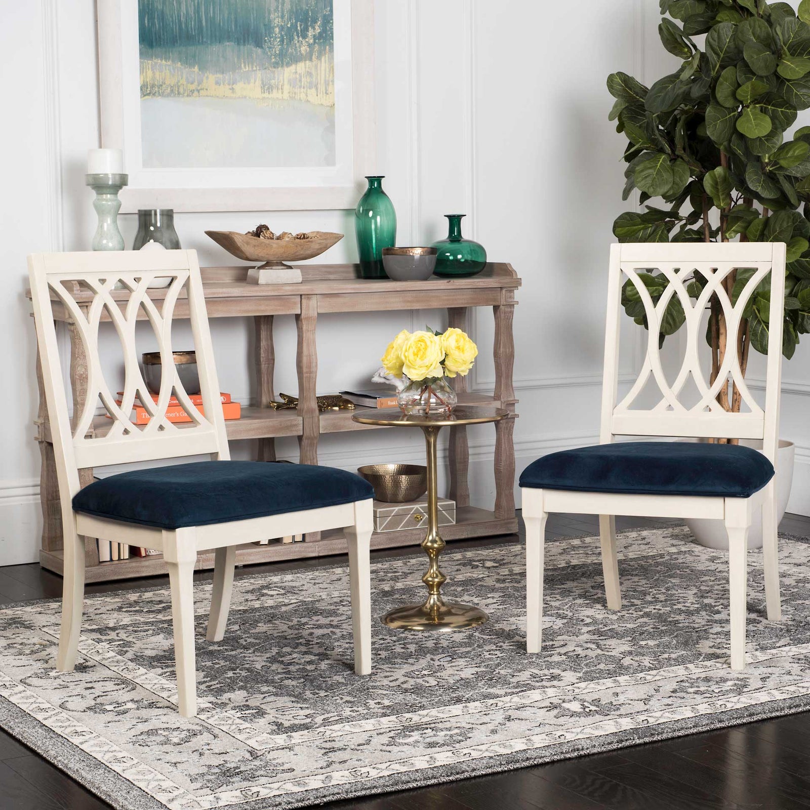Seaside Velvet Side Chair Navy/Antique White (Set of 2)