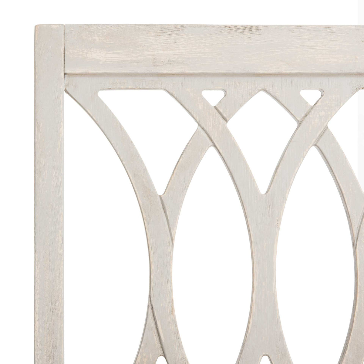 Overlapping curved slats and subtle wood grain give the openwork back its character