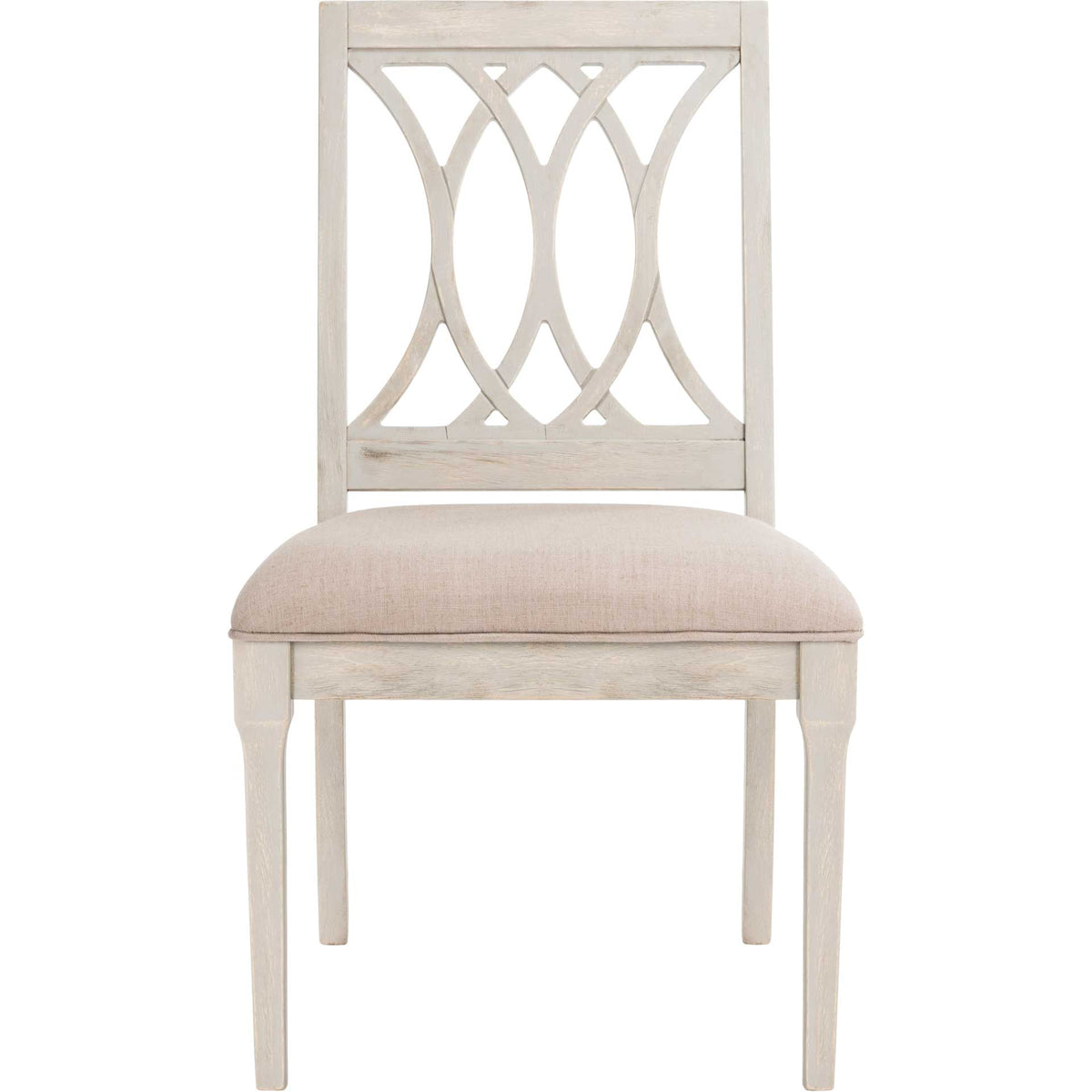 A plush beige seat sits below a symmetrical, looping wood back on slender legs || FOX6265C-SET2 || front_studio