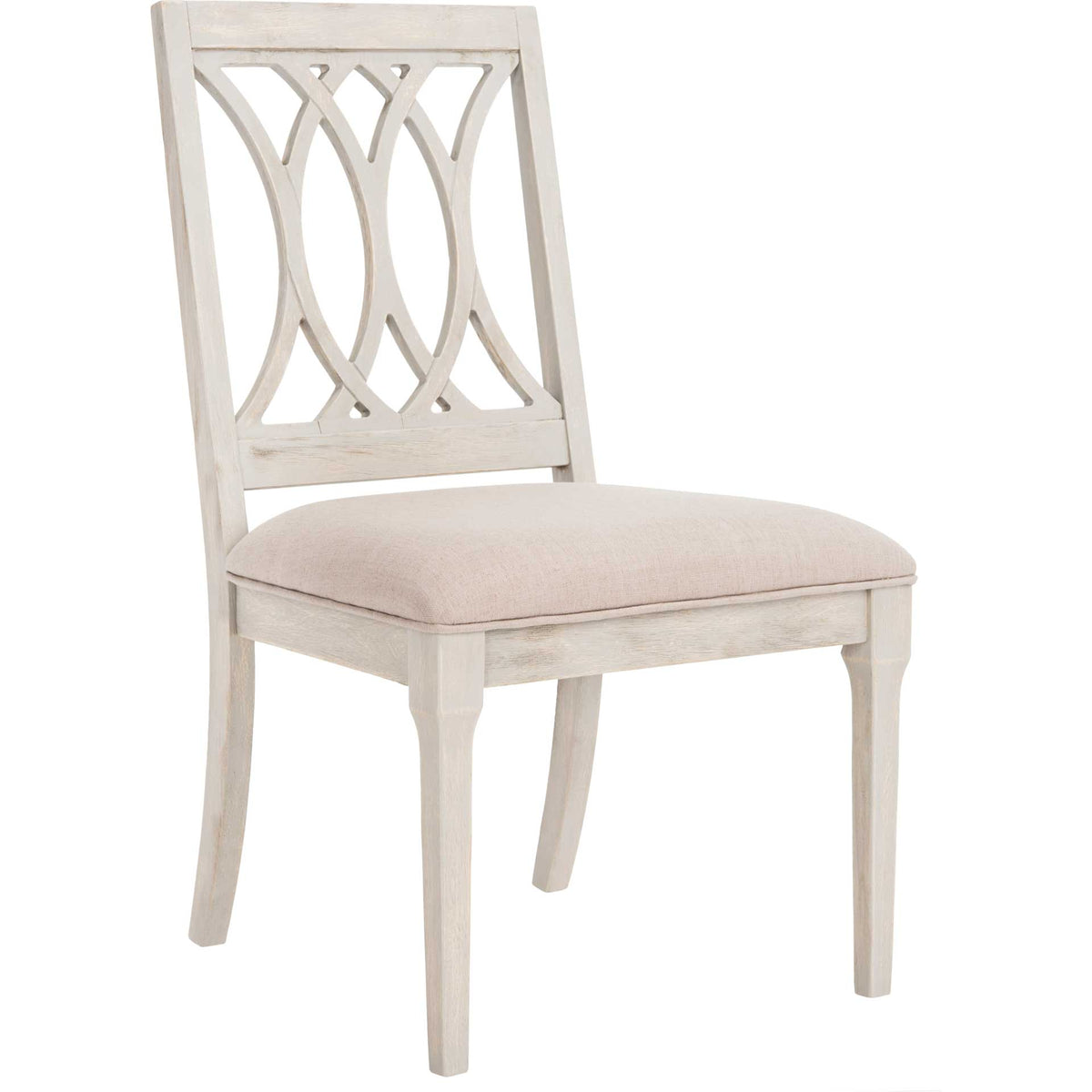 A taupe cushioned seat and looping openwork back complement the pale wood frame || FOX6265C-SET2 || front_angle_studio
