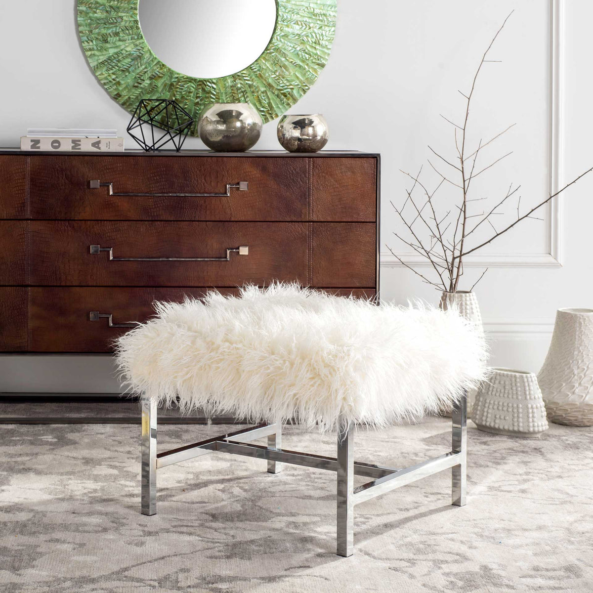 Hollingsworth Faux Sheepskin Square Bench White