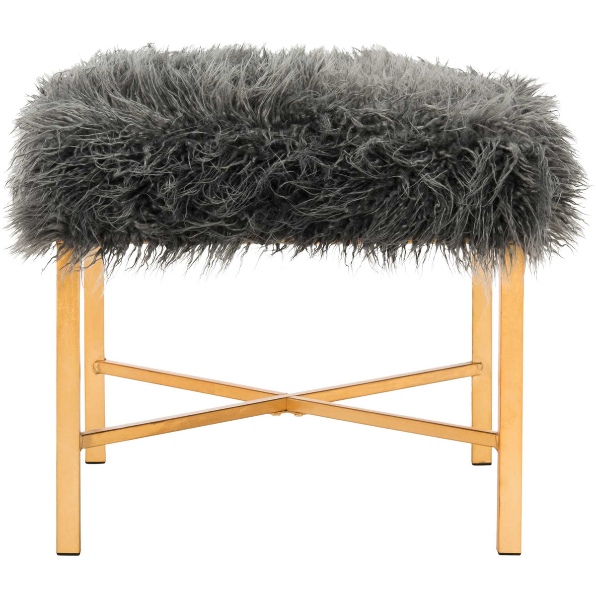 A thick gray faux sheepskin seat contrasts with gold-finish legs and X-shaped cross braces. || FOX6267A || front_studio