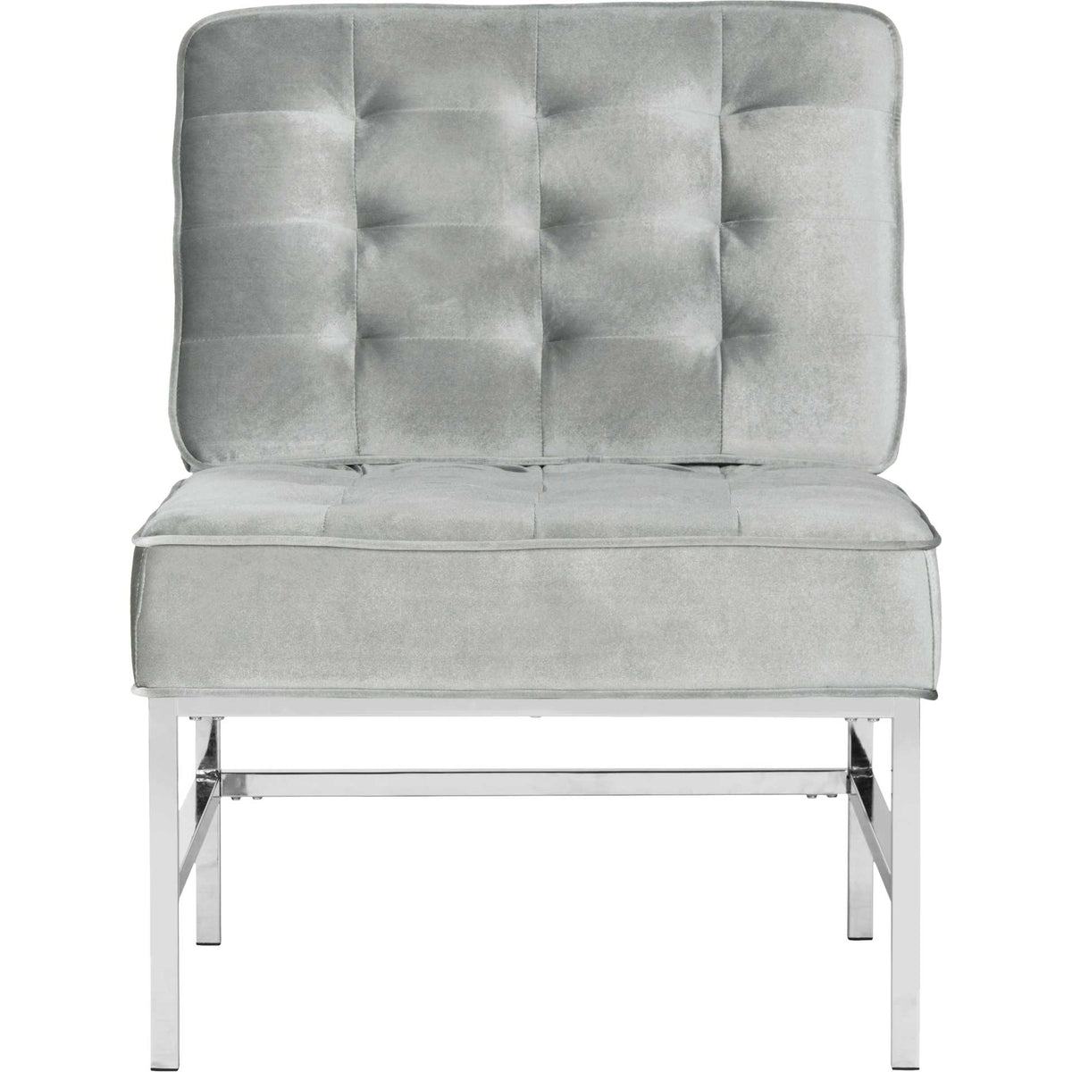 A softly tufted back and wide light gray seat stand on a slim chrome frame || FOX6268C || front_studio