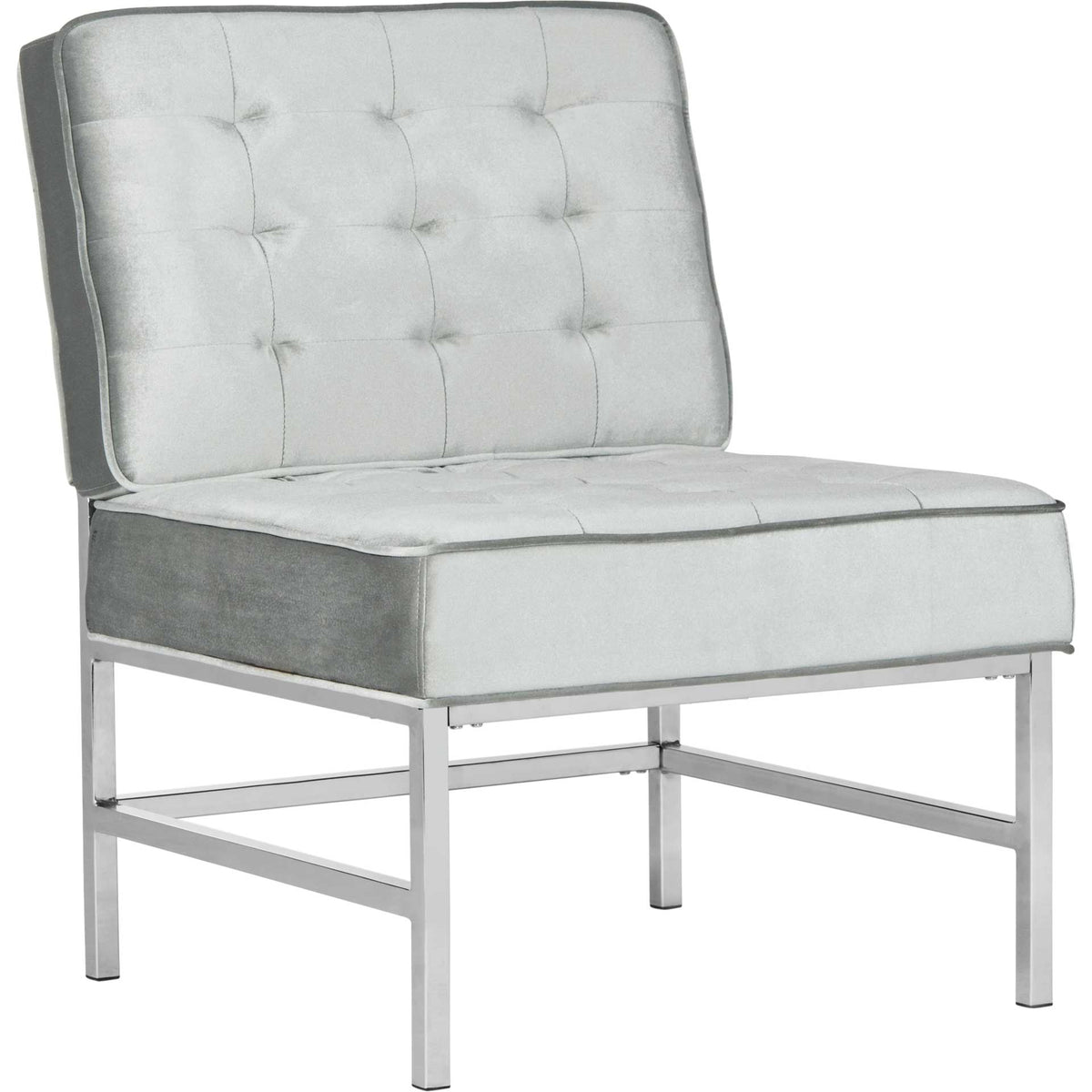 Light gray tufting meets a streamlined chrome frame in this inviting armless chair || FOX6268C || front_angle_studio