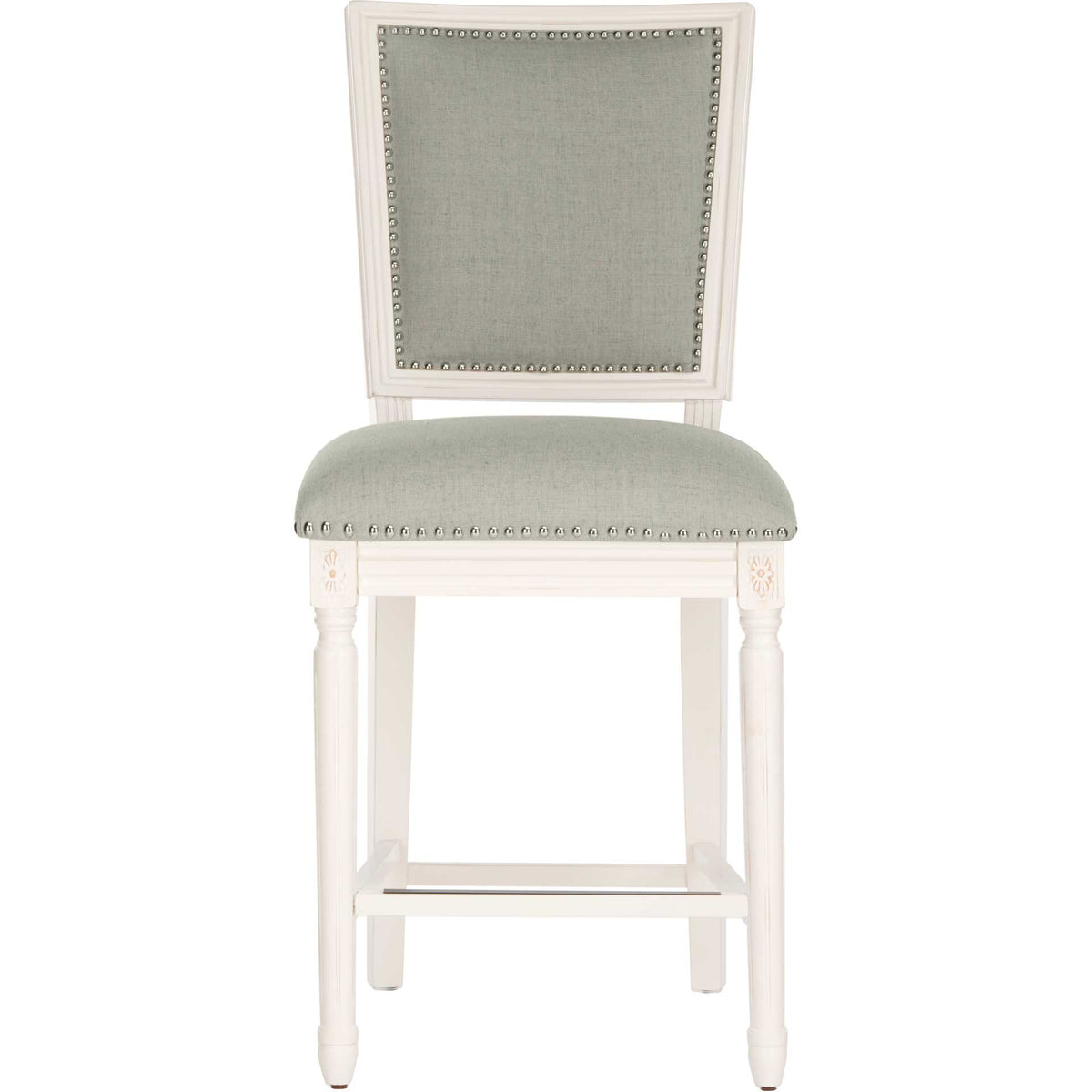 Gray linen upholstery and silver nailheads accent a white wood counter stool with turned legs. || FOX6271A-SET2 || front_studio