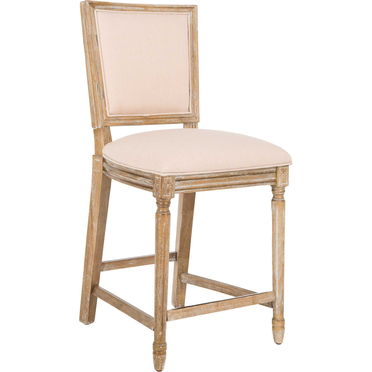 A cushioned beige linen seat and rectangular back warm a rustic oak counter stool.