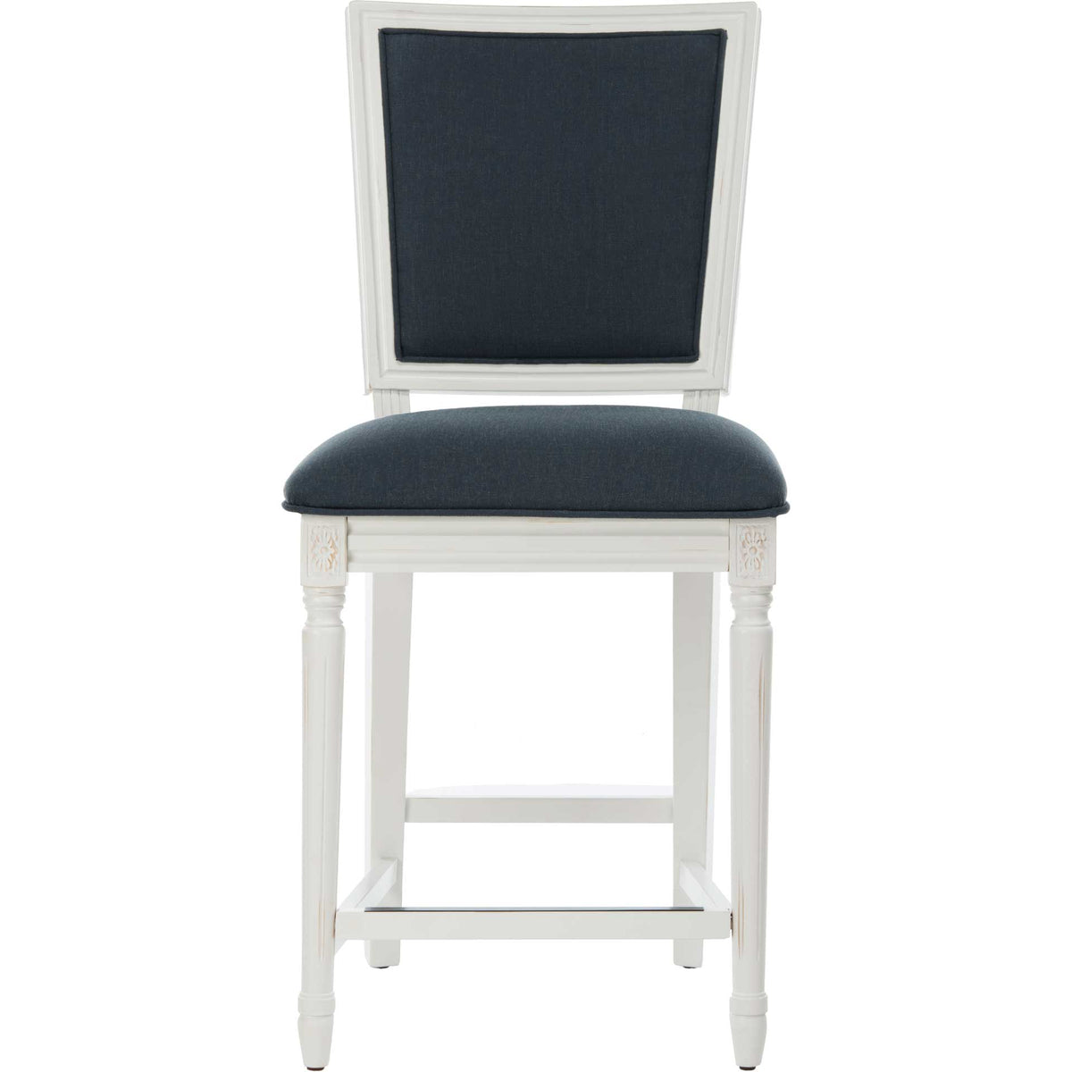 A navy linen back and plush seat top a distressed white wood counter stool with footrests. || FOX6271C-SET2 || front_studio