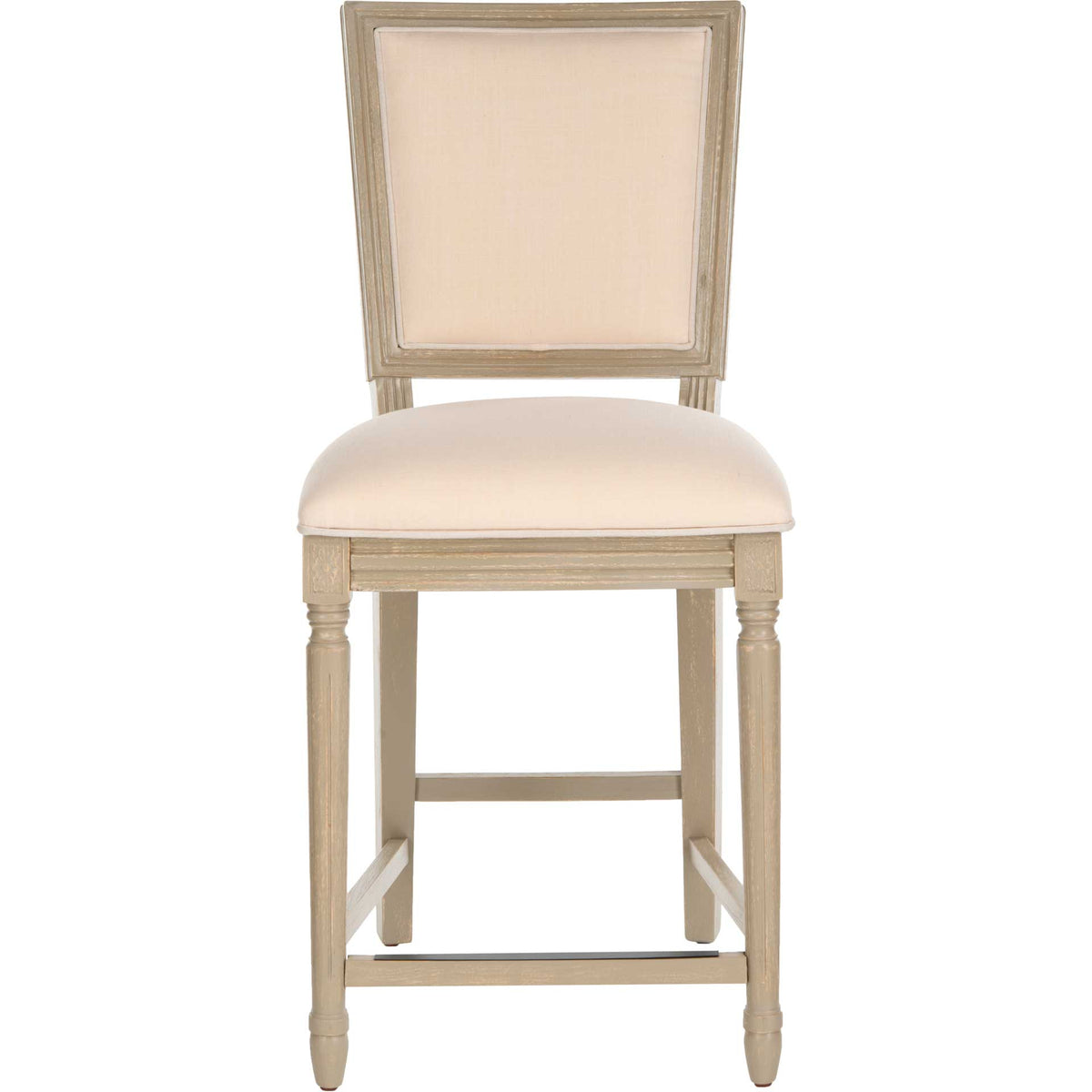 A light beige linen seat and matching rectangular back soften this rustic gray counter stool. || FOX6271D-SET2 || front_studio