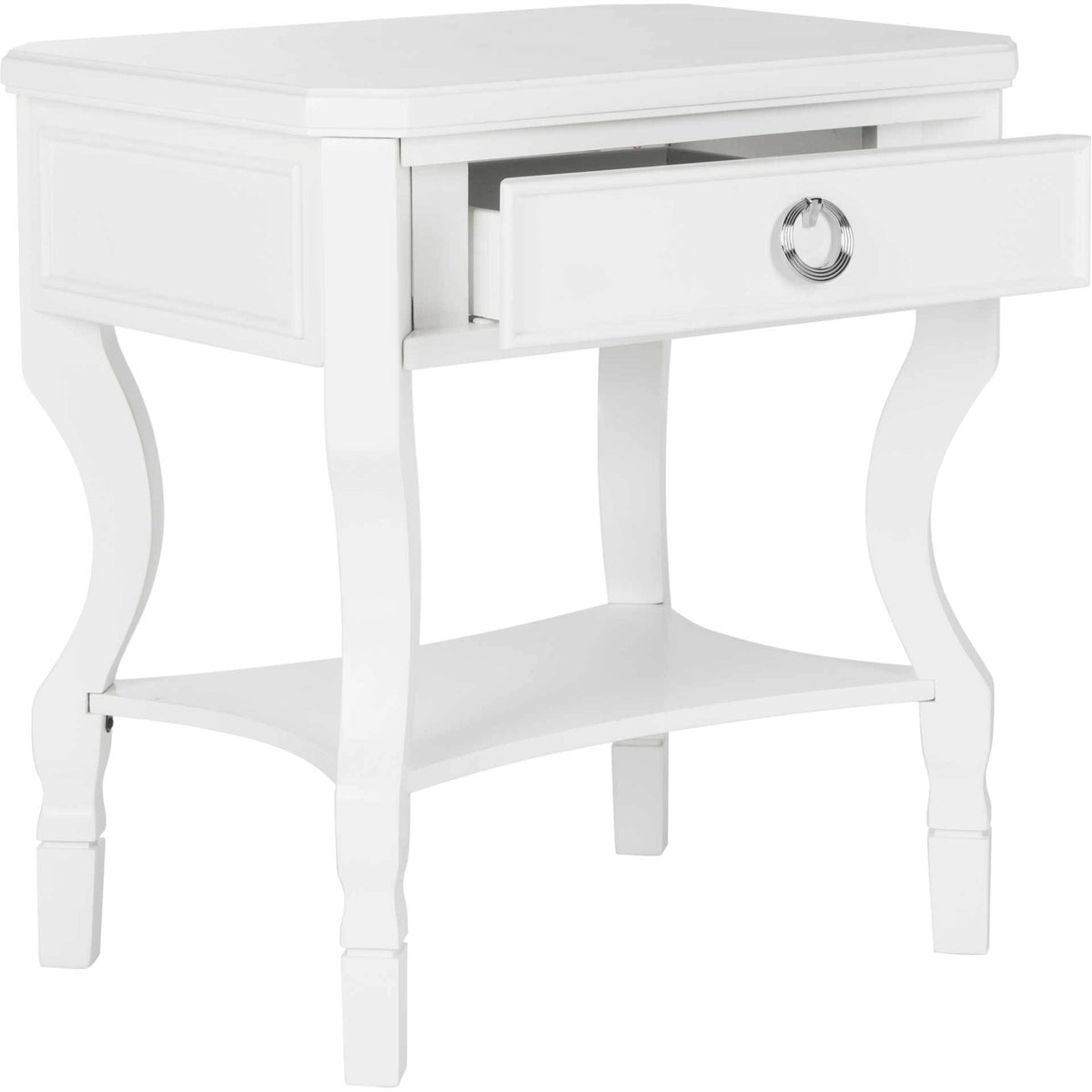 White nightstand with its storage drawer open, a silver ring pull and shaped legs