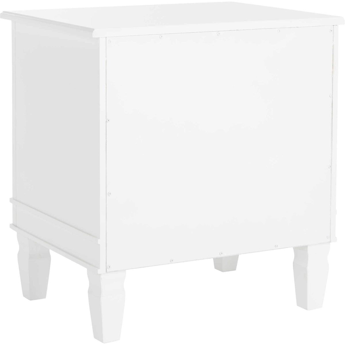 Crisp white side and rear panels sit above tapered legs beneath a broad tabletop