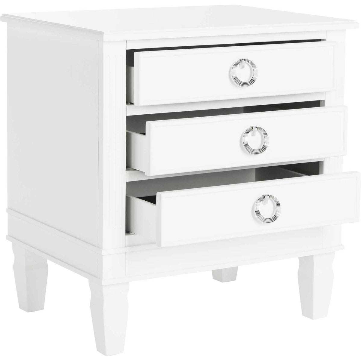 Partially open drawers reveal storage behind white fronts with bright chrome ring pulls