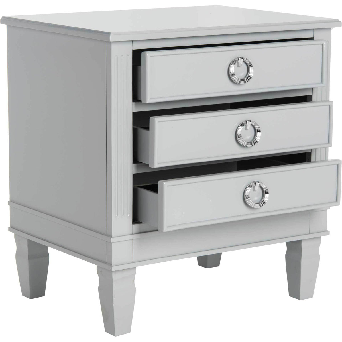 Three partially open drawers offer easy access beneath a broad gray tabletop