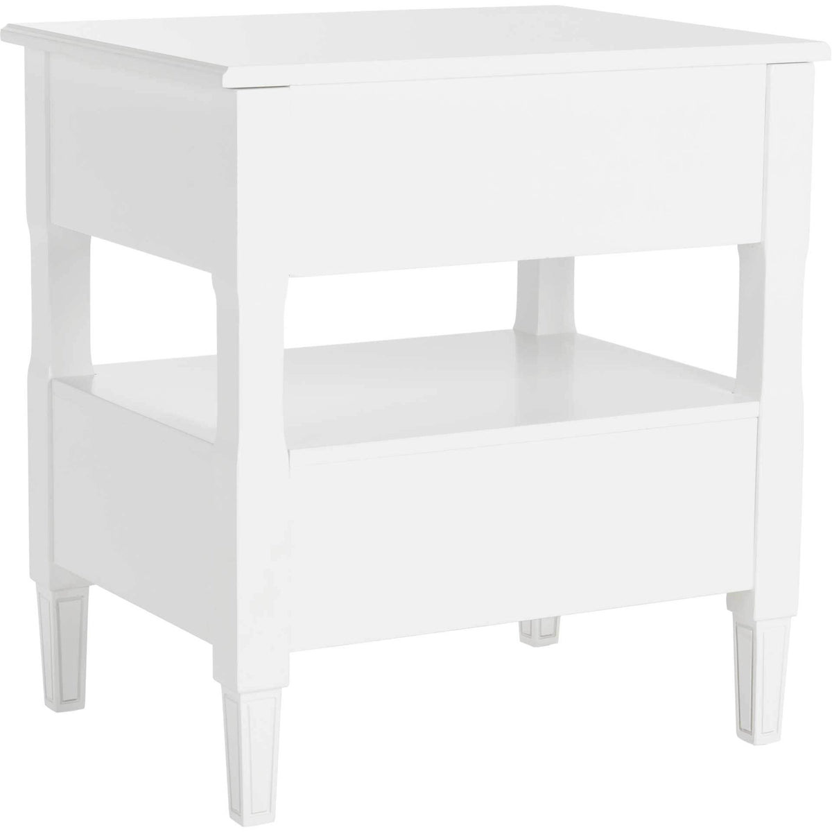 Smooth white panels surround a useful middle shelf above delicate tapered feet.