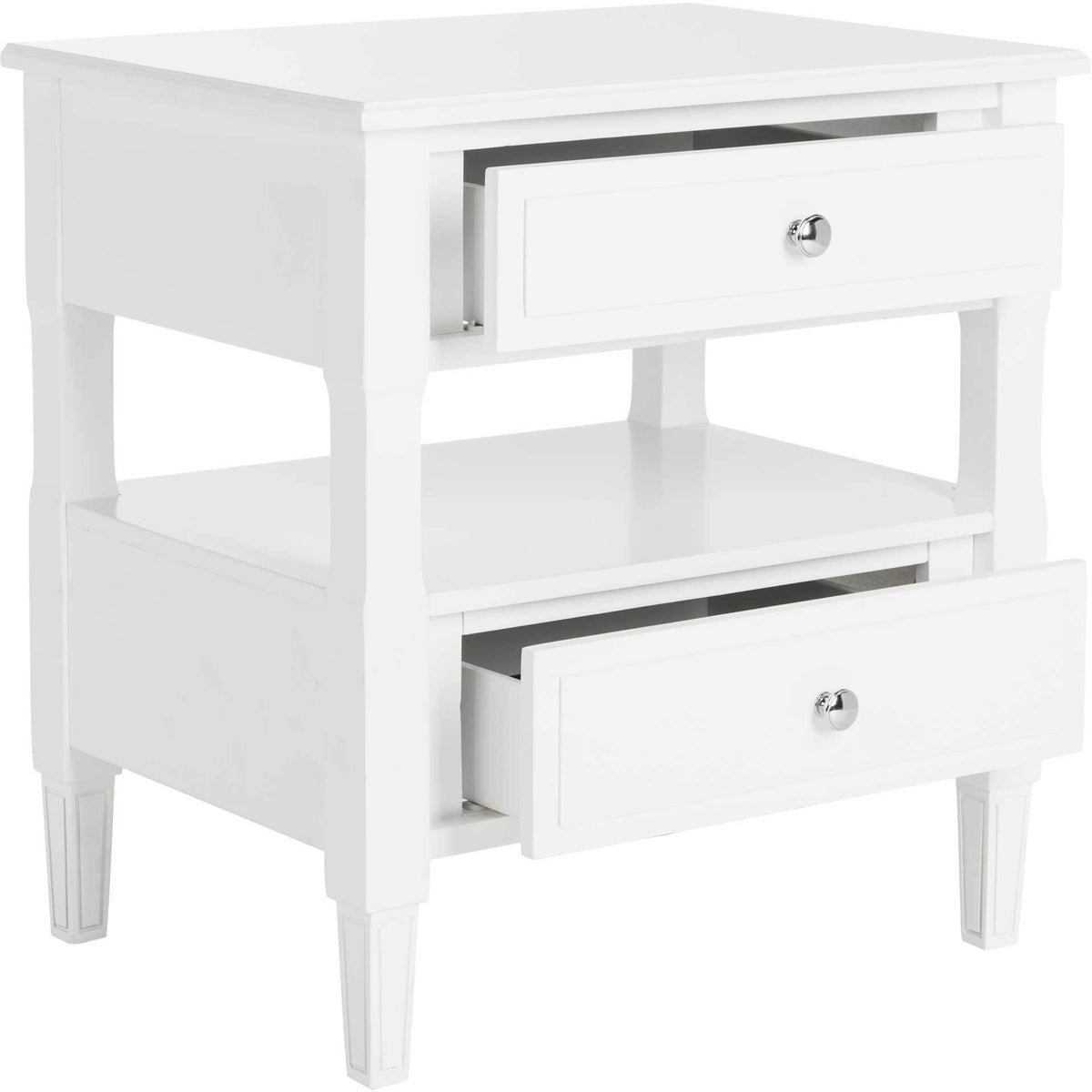 Two open drawers showcase useful concealed storage in this bright white nightstand.