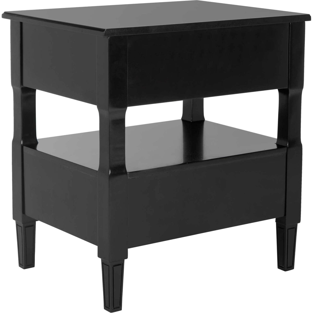 Polished black finish flows across the nightstand's solid panels and open middle shelf.