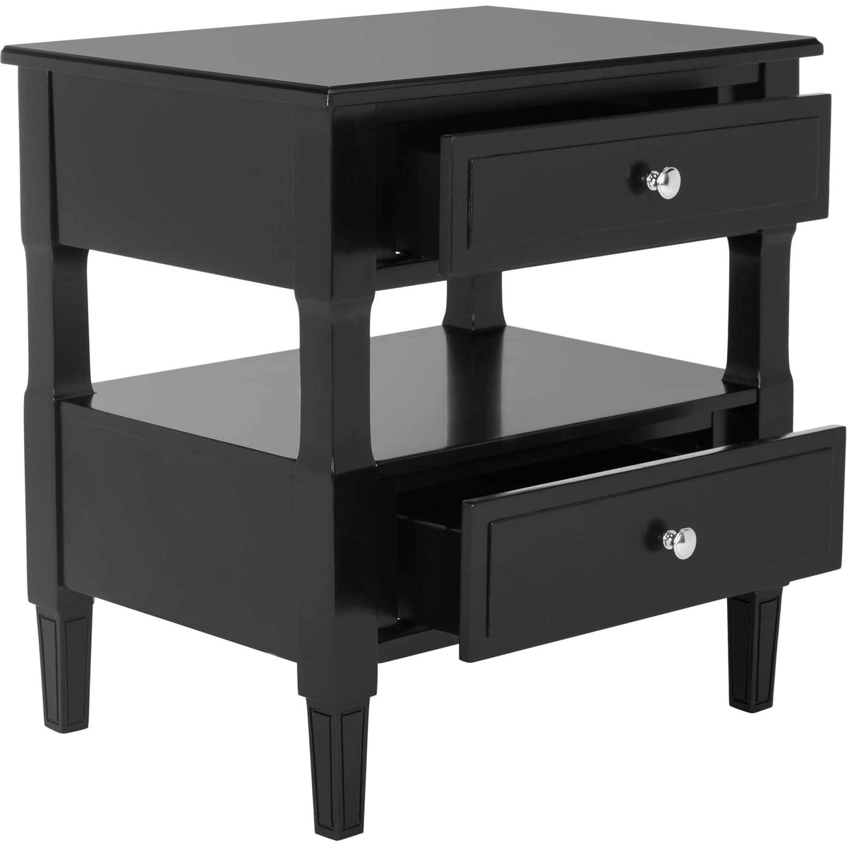Two open drawers reveal storage above and below the black nightstand's open center shelf.
