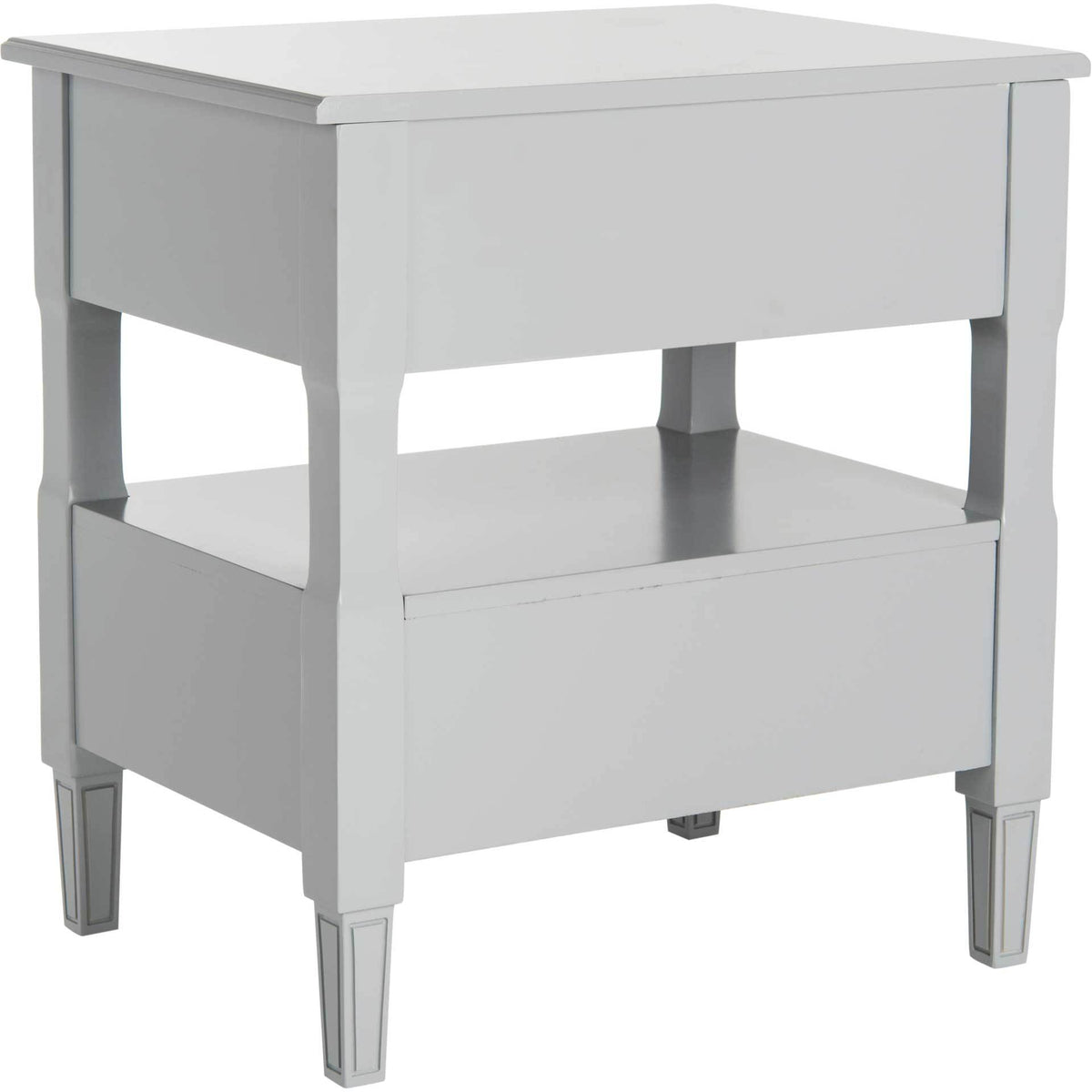 A smooth gray finish runs from the broad tabletop to the open shelf and paneled lower section.
