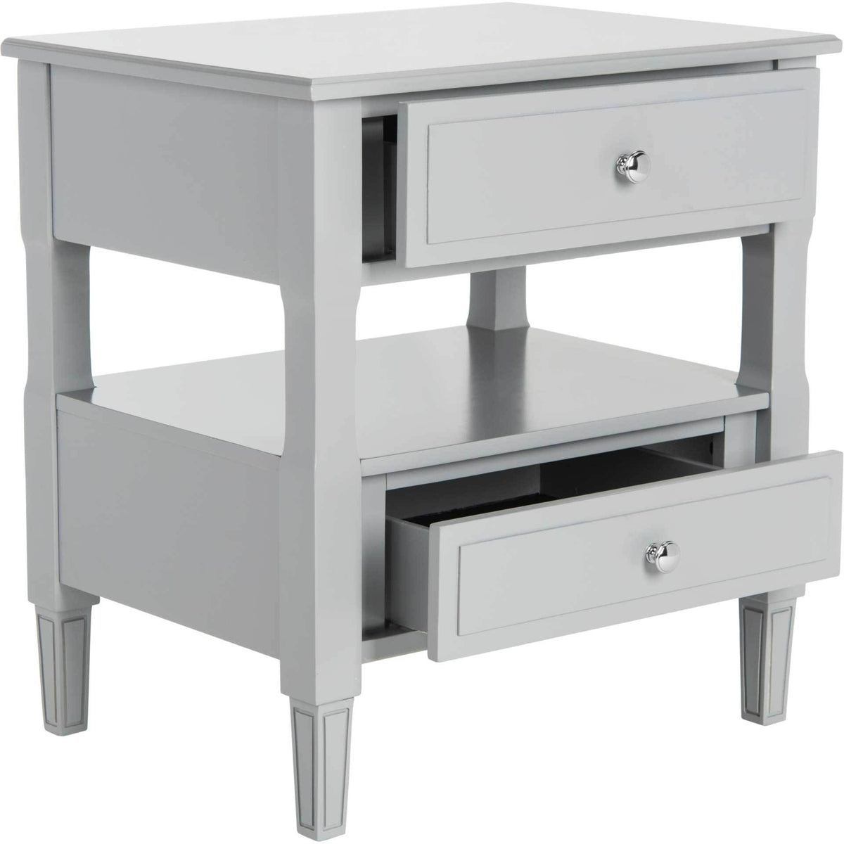 Two drawers slide open for concealed storage while the gray nightstand's middle shelf stays accessible.
